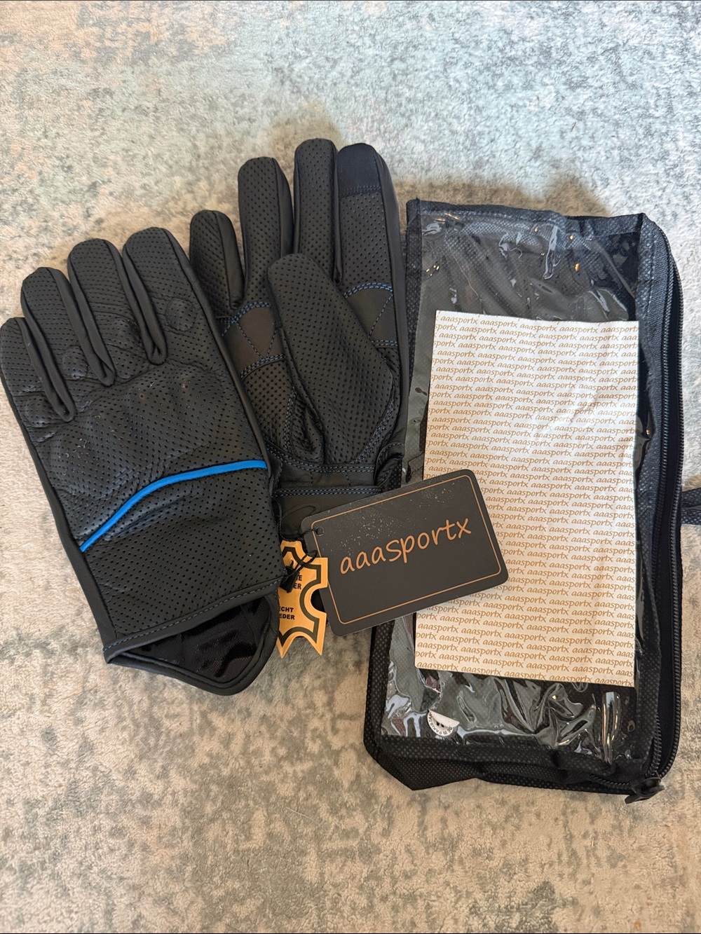 aaasportx Genuine Leather Motorcycle Gloves - Black/Blue - Size M